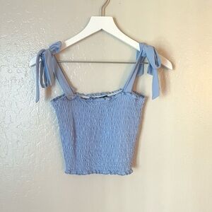 Forever 21 periwinkle blue smocked crop top with bow tie strap details